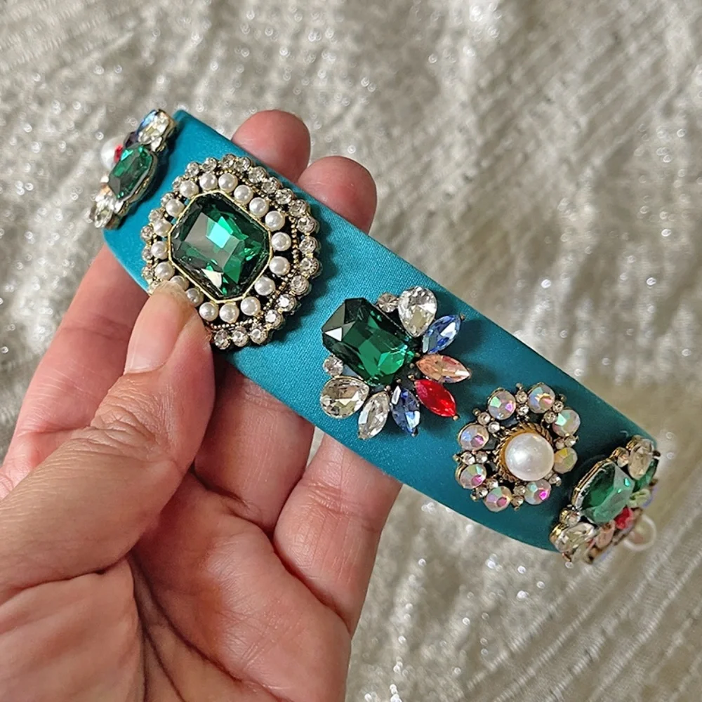Emerald Crystal Pearl Satin Headband Blue Baroque Bridal Statement Hairband OS